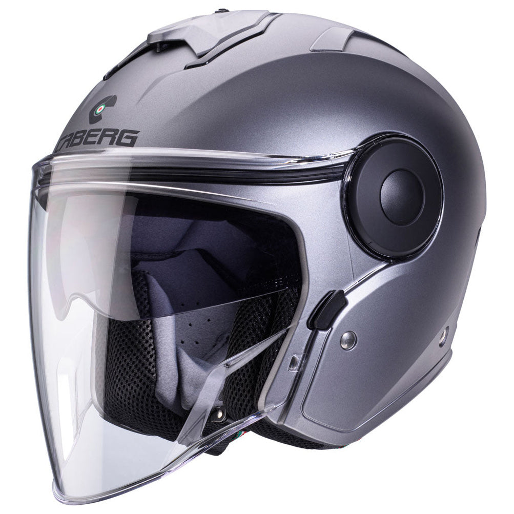 Caberg Soho Matt Gun Metal open-face motorcycle helmet, left-front three-quarter view