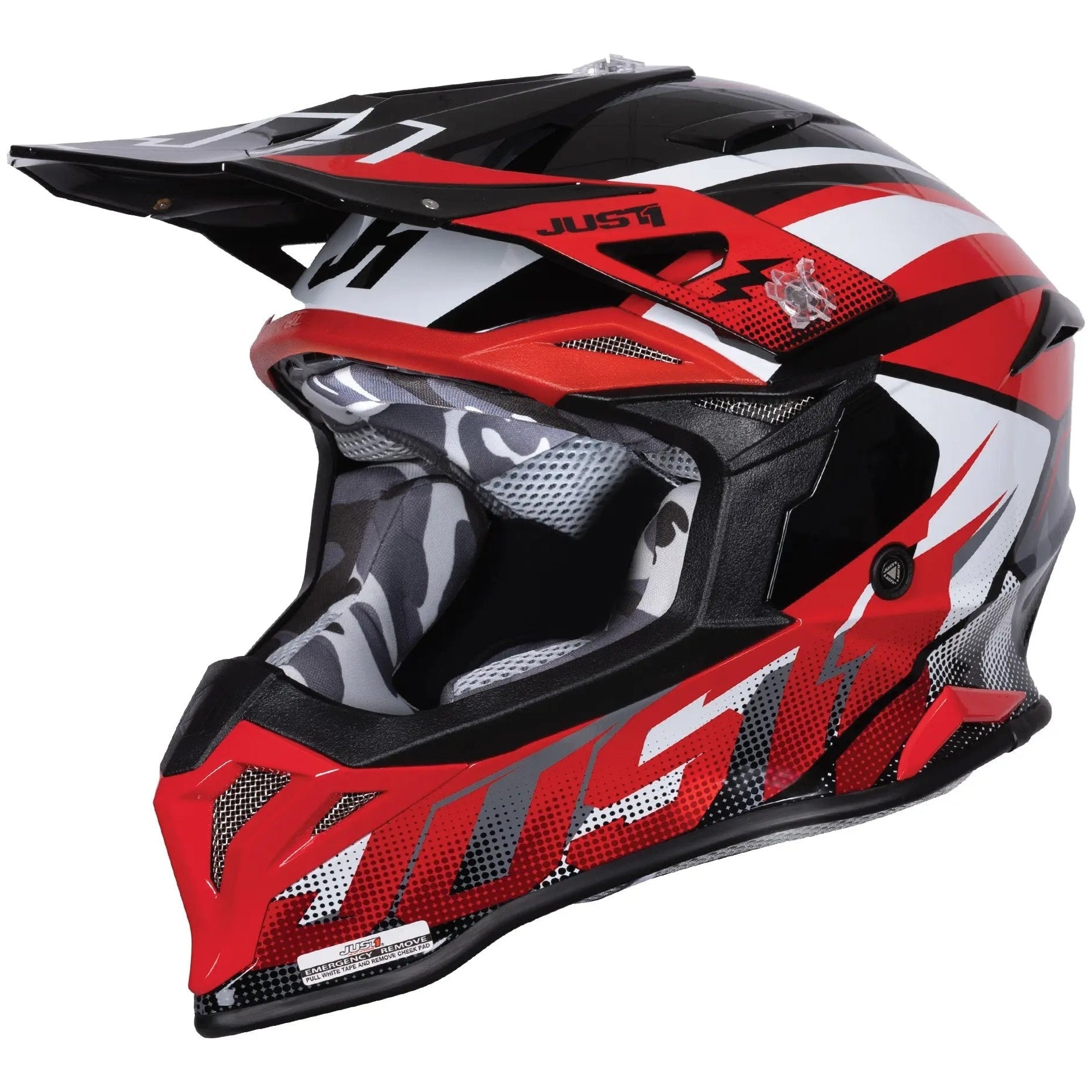 Just1 J39 Revo Red / White / Gloss Black motocross helmet - left-front three-quarter view