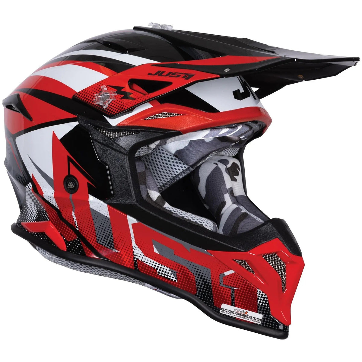 Just1 J39 Revo Red / White / Gloss Black motocross helmet - right-front three-quarter view