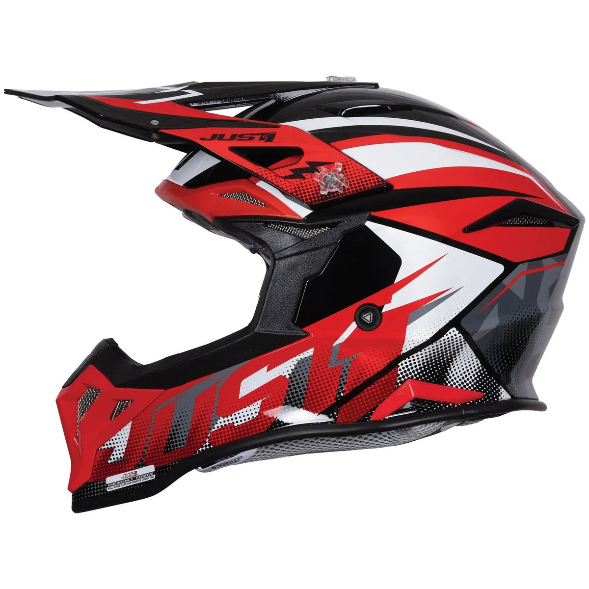 Just1 J39 Revo Red / White / Gloss Black motocross helmet - left-side view