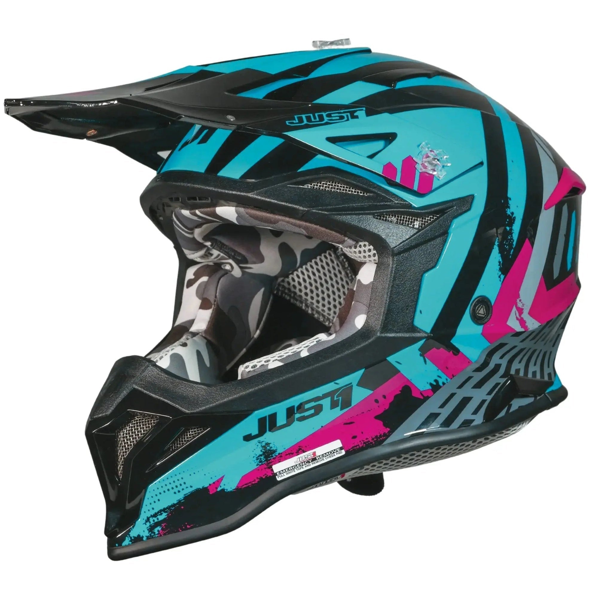 Just1 J39 Teal / Black / Matt Pink motocross helmet - left-side view