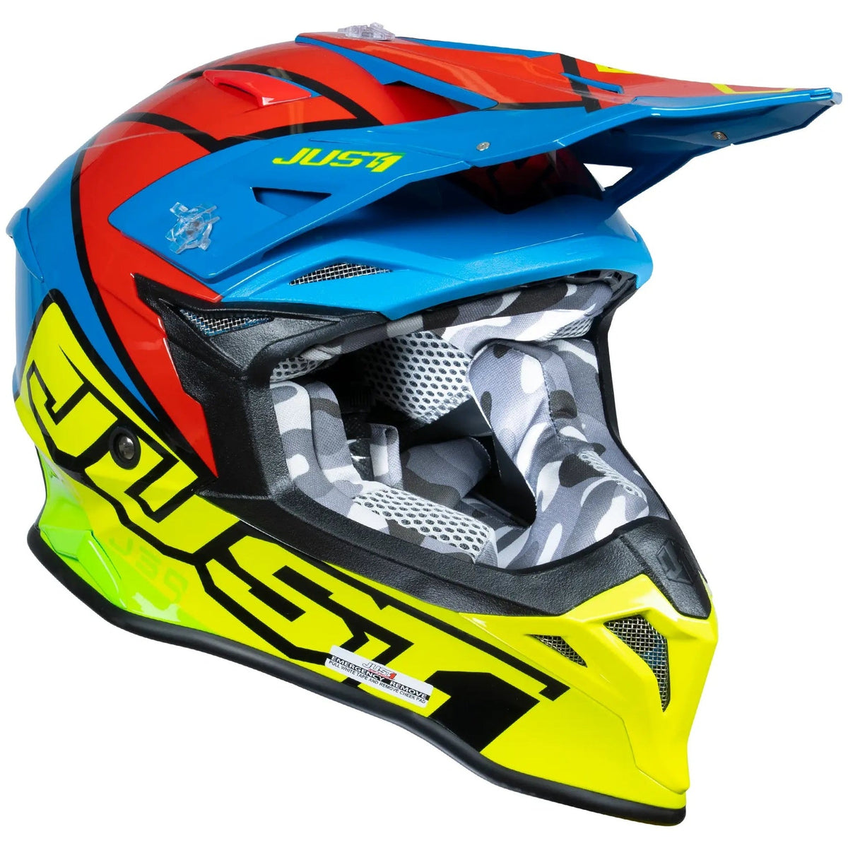 Just1 J39 Thruster Blue / Fluo Yellow / Red motocross helmet - right-side view