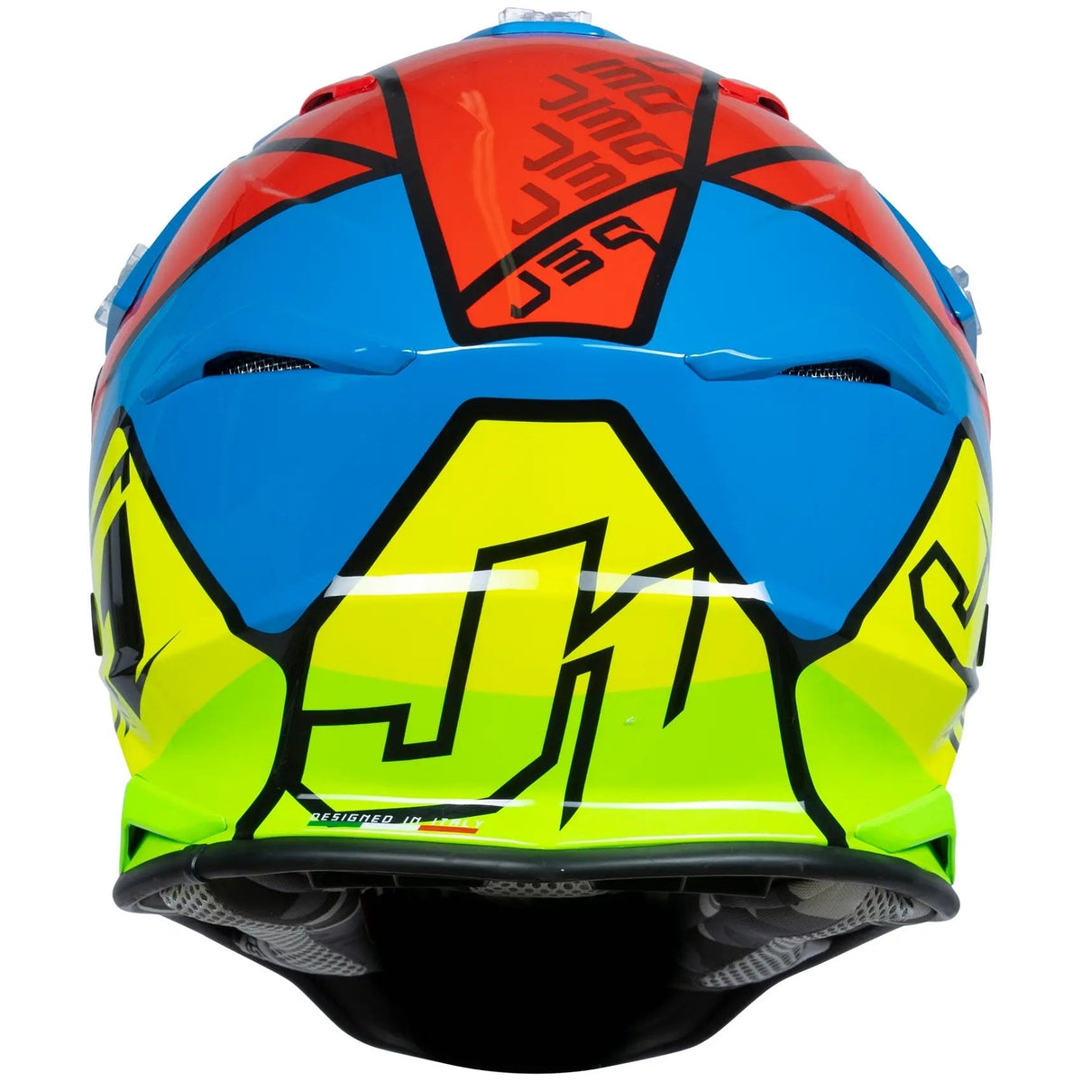 Just1 J39 Thruster Blue / Fluo Yellow / Red motocross helmet - rear view