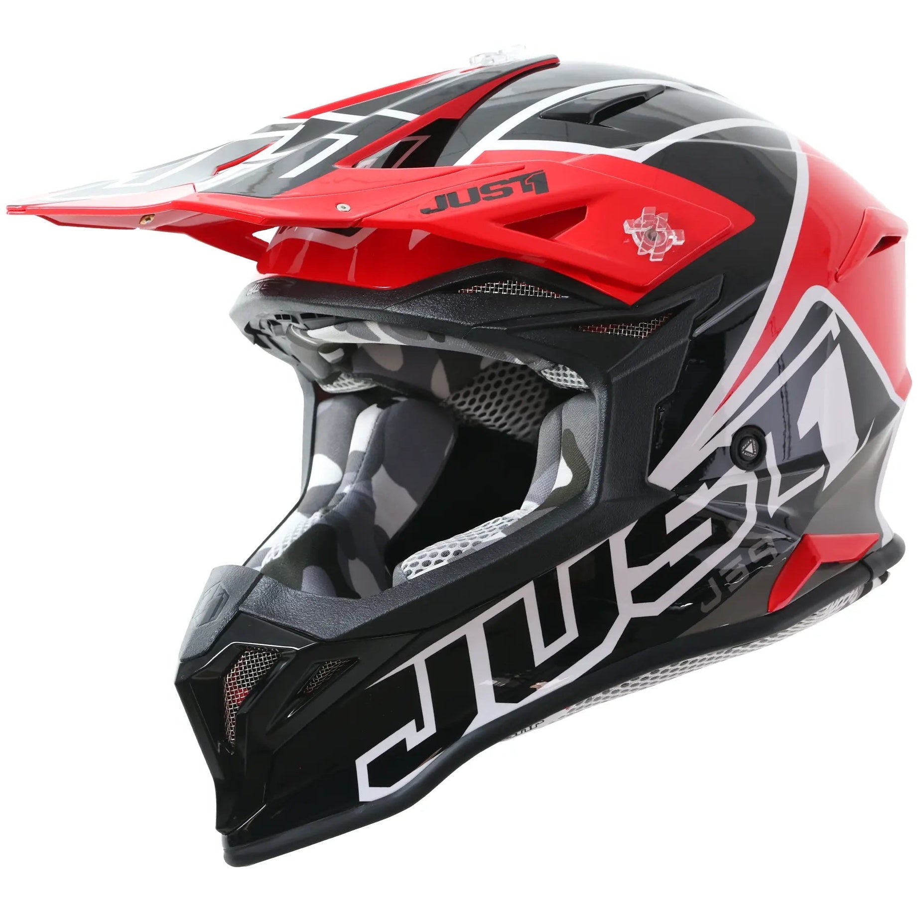 Just1 J39 Thruster Gloss Black / Red / White motocross helmet - left-side view