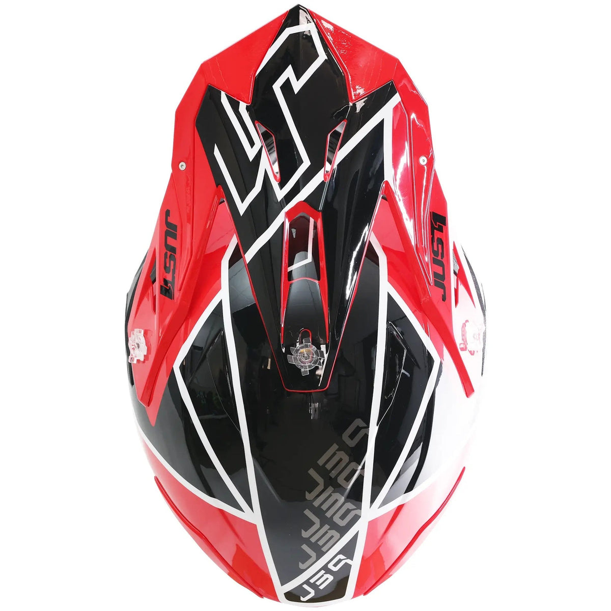 Just1 J39 Thruster Gloss Black / Red / White motocross helmet - top view