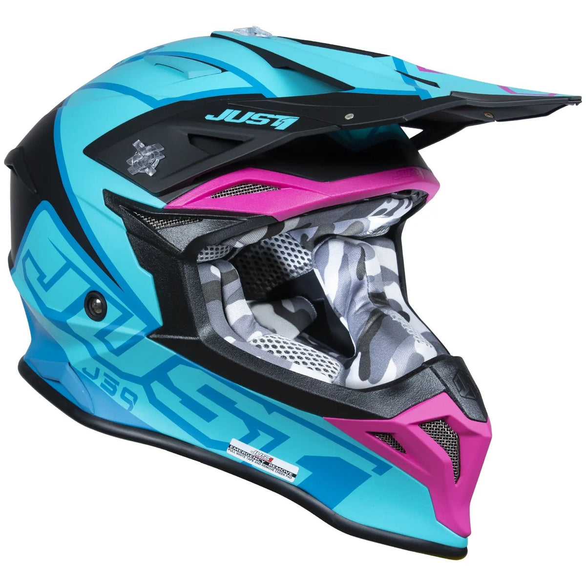 Just1 J39 Thruster Petrol Blue / Fuxia Black motocross helmet - right-side view