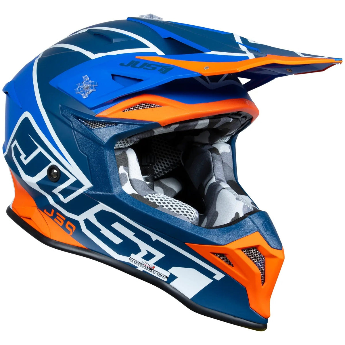 Just1 J39 Thruster White / Fluo Orange / Blue motocross helmet - right-side view