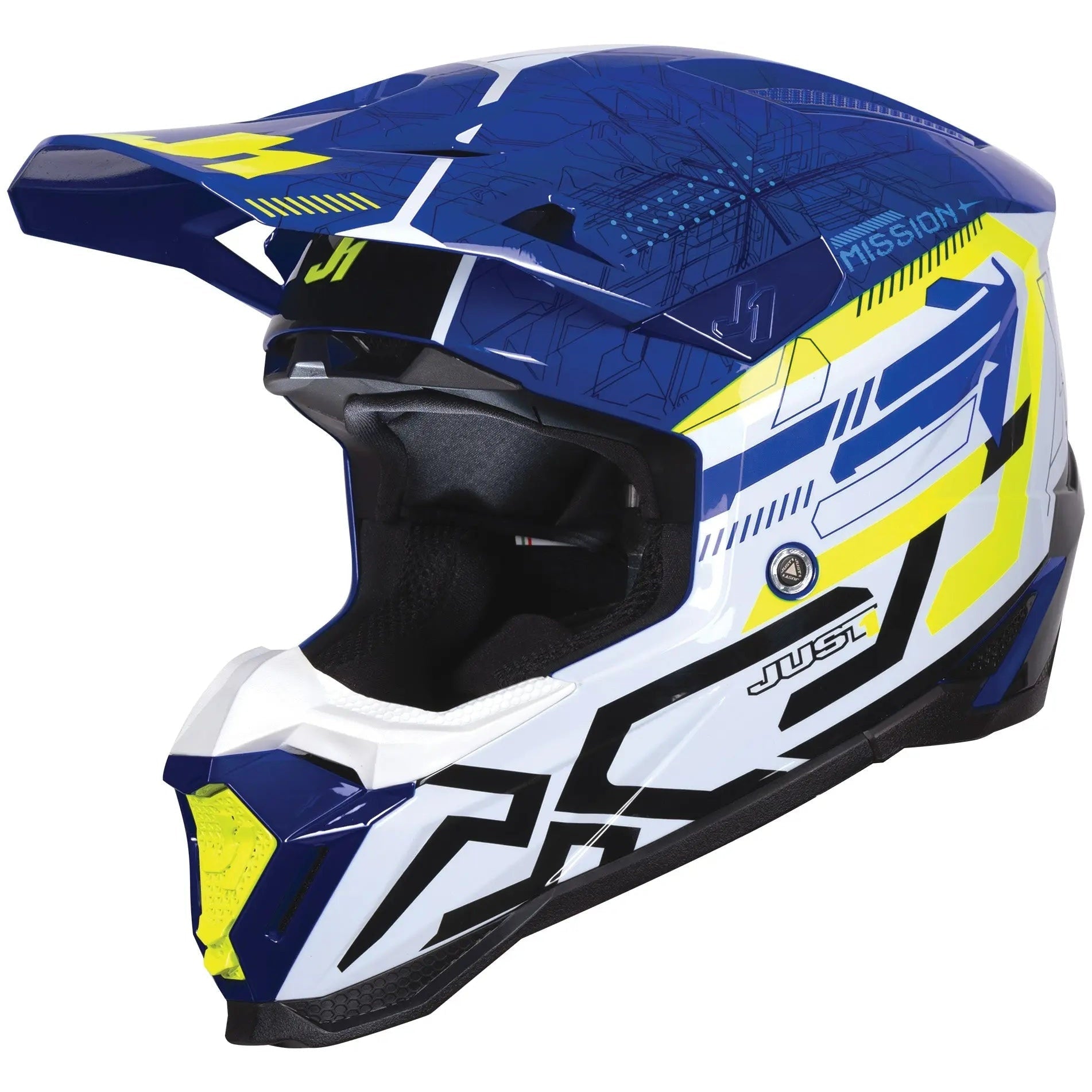 Just1 J40 Mission Fluo Yellow / Gloss Blue motocross helmet - left-front three-quarter view