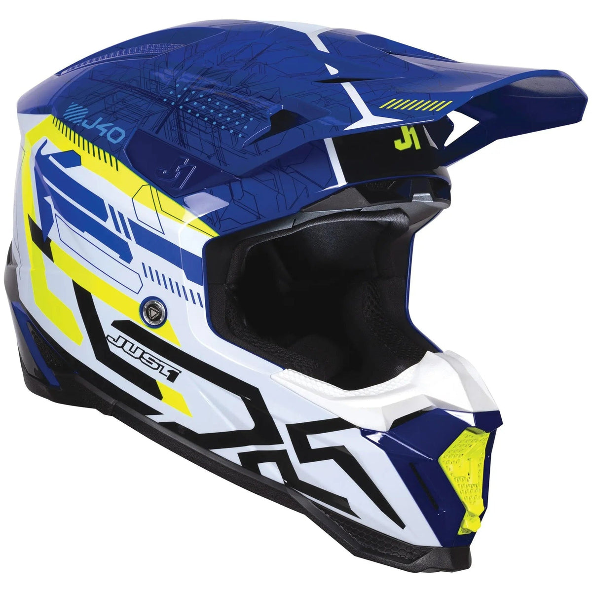 Just1 J40 Mission Fluo Yellow / Gloss Blue motocross helmet - right-front three-quarter view