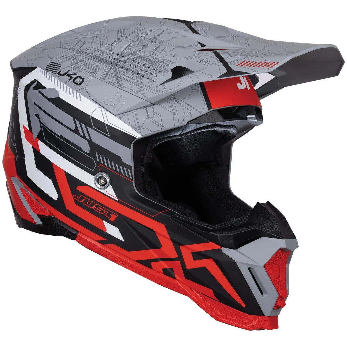 Just1 J40 Mission Red / Matt Grey motocross helmet - right-front three-quarter view