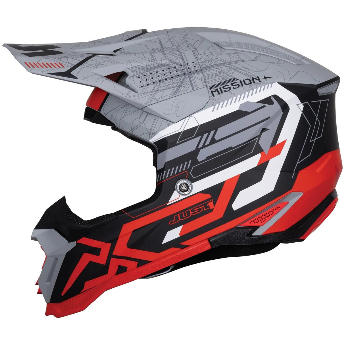 Just1 J40 Mission Red / Matt Grey motocross helmet - left-side view