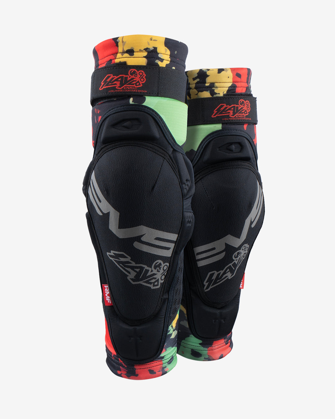 EVS Slayco Youth Knee Guards Explosion Red / Yellow / Green pair front view