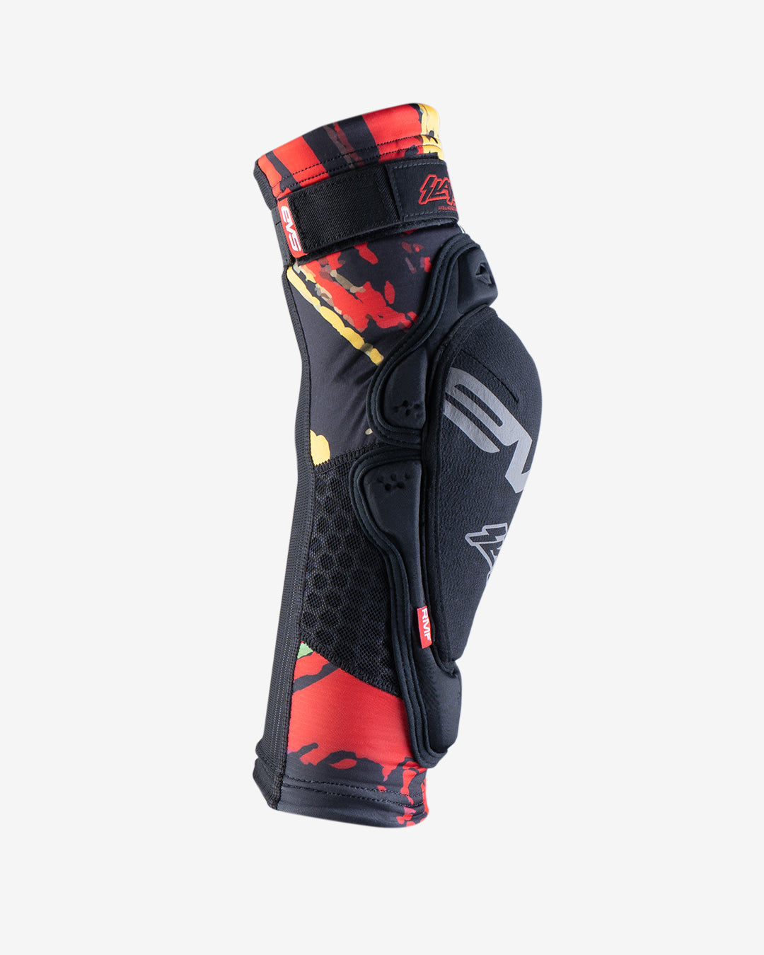EVS Slayco Youth Knee Guards Explosion Red / Yellow / Green opposite side view