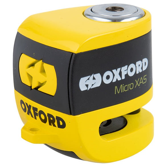 Oxford Micro XA5 Alarm Disc Lock Yellow / Black, front three-quarter view
