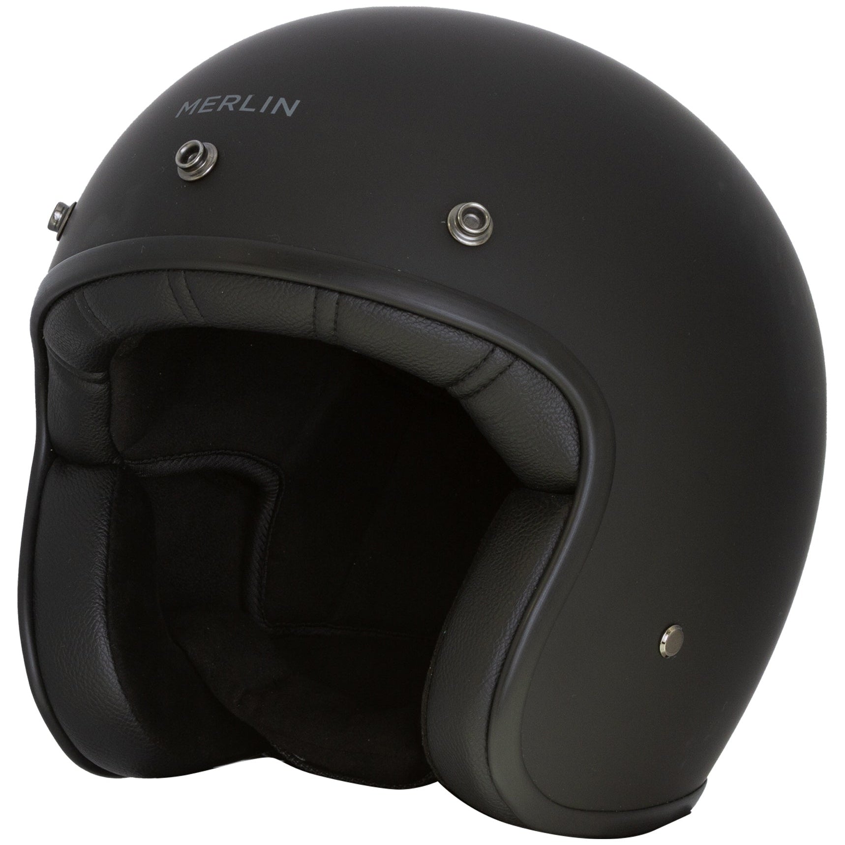 Merlin Blackbird Jet Matt Black open-face motorcycle helmet, front-left three-quarter view