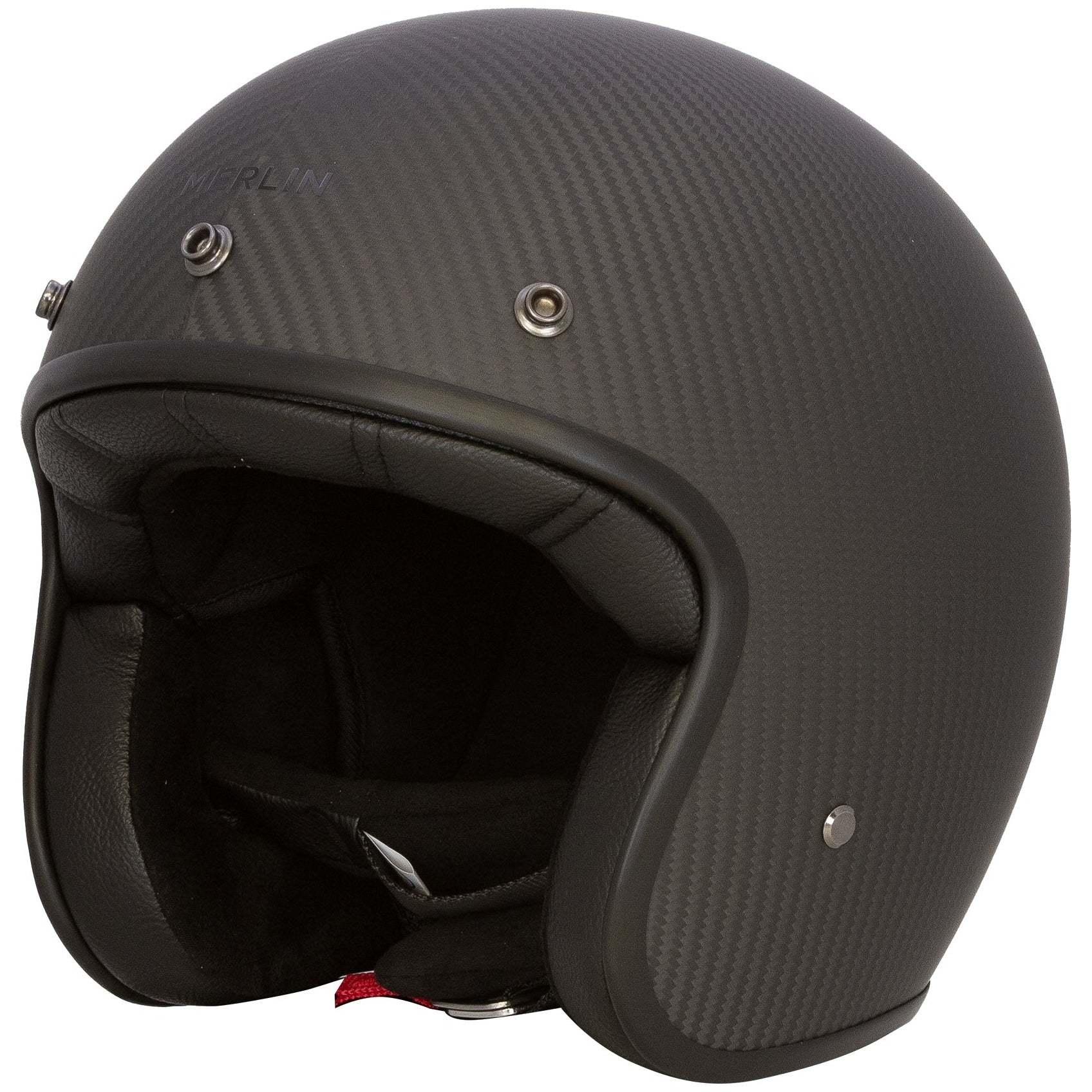 Merlin Blackbird Jet Matt Carbon open-face motorcycle helmet, left-side view