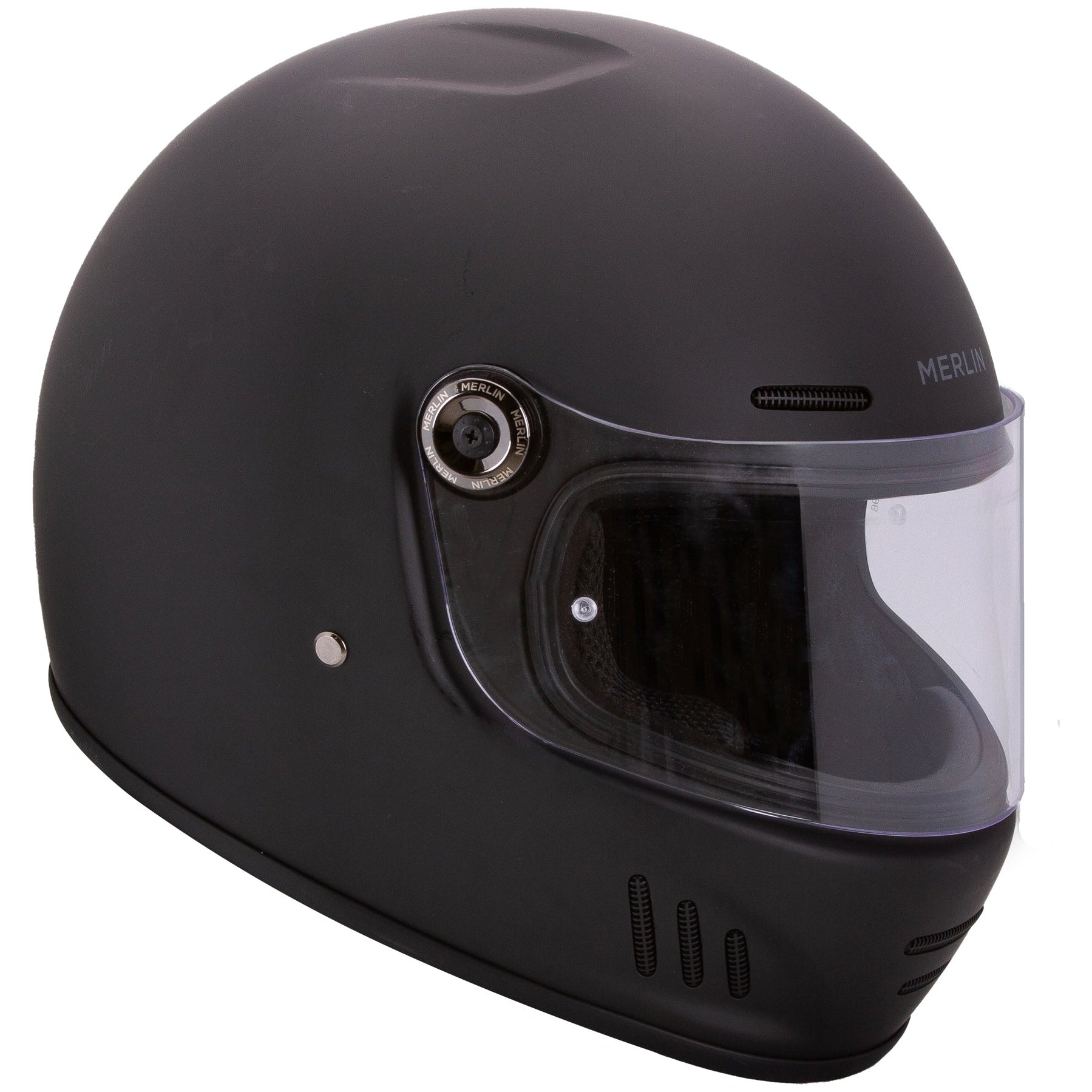 Merlin Revival Matt Black full-face motorcycle helmet, front-right three-quarter view