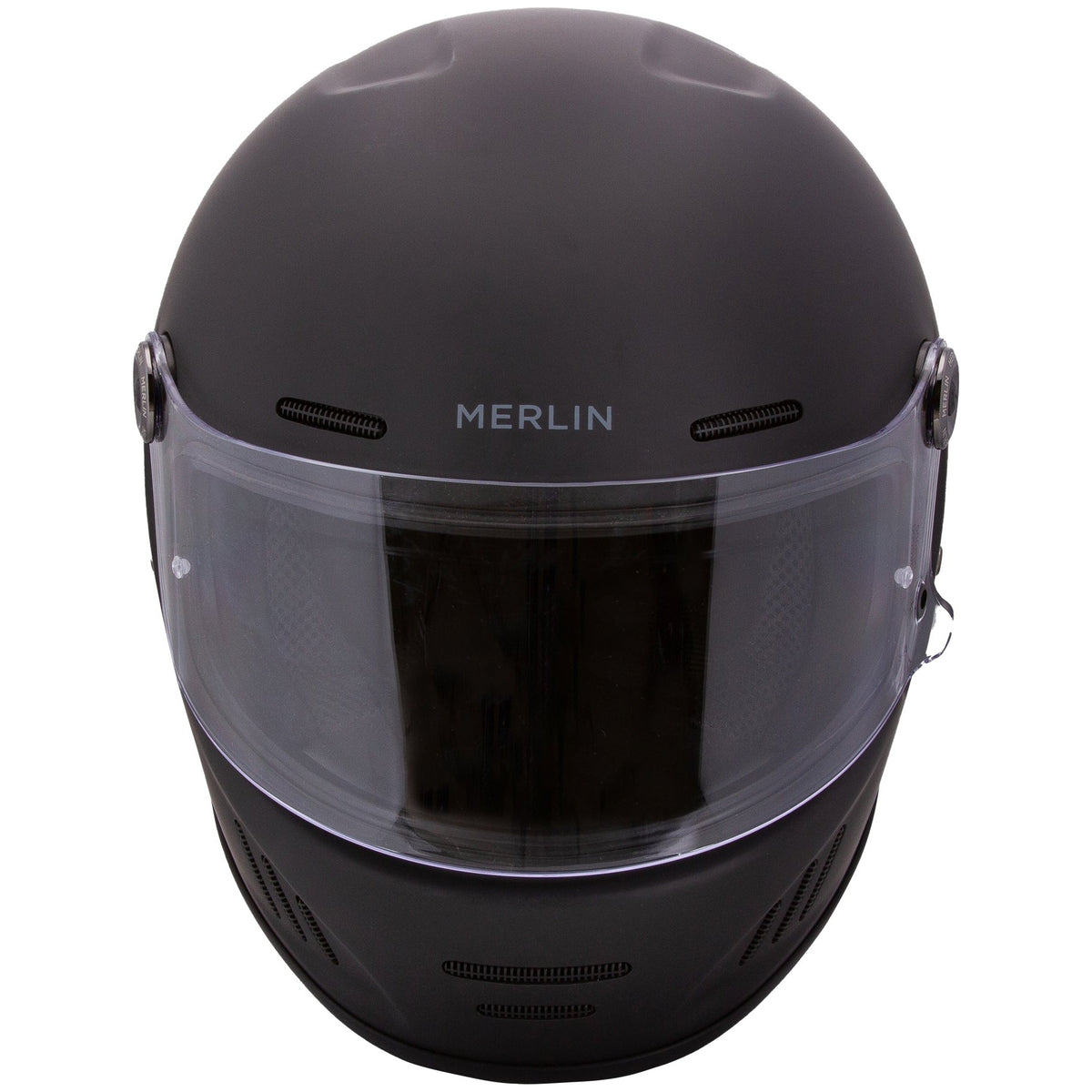 Merlin Revival Matt Black full-face motorcycle helmet, front view