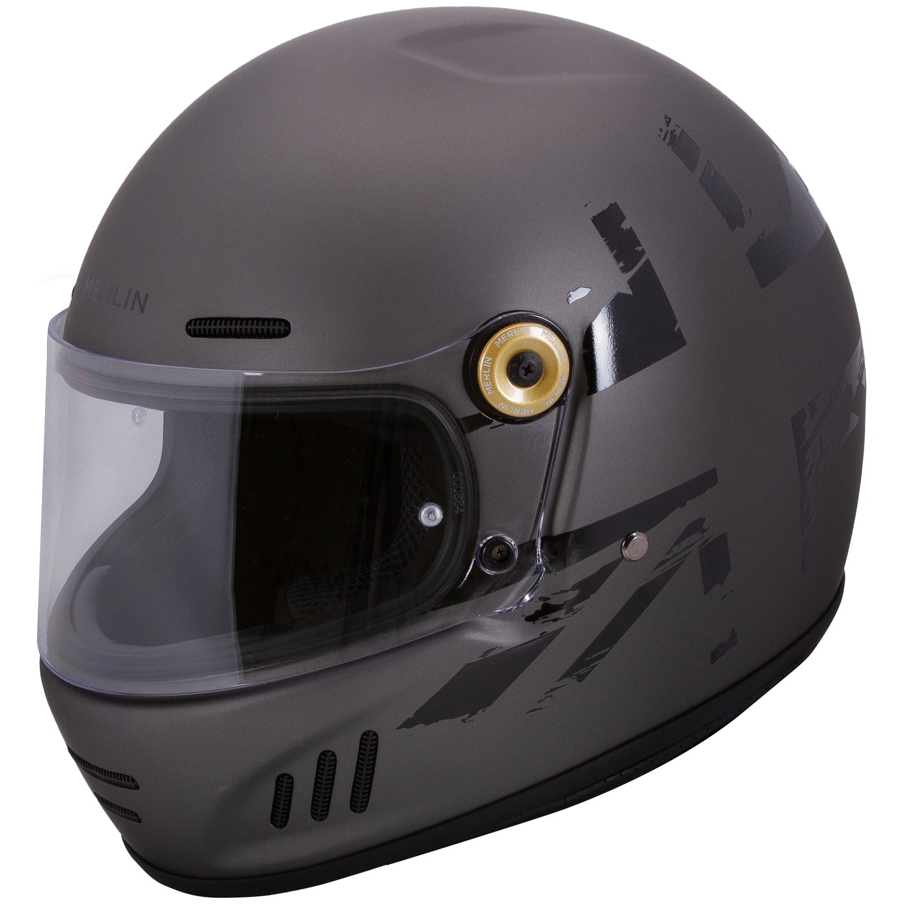 Merlin Revival Union Grey full-face motorcycle helmet, front-left three-quarter view