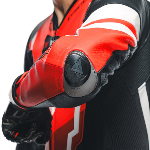 Dainese Misano 3 D-Air One Piece Perforated Leather Suit Black / Red / Fluo Red