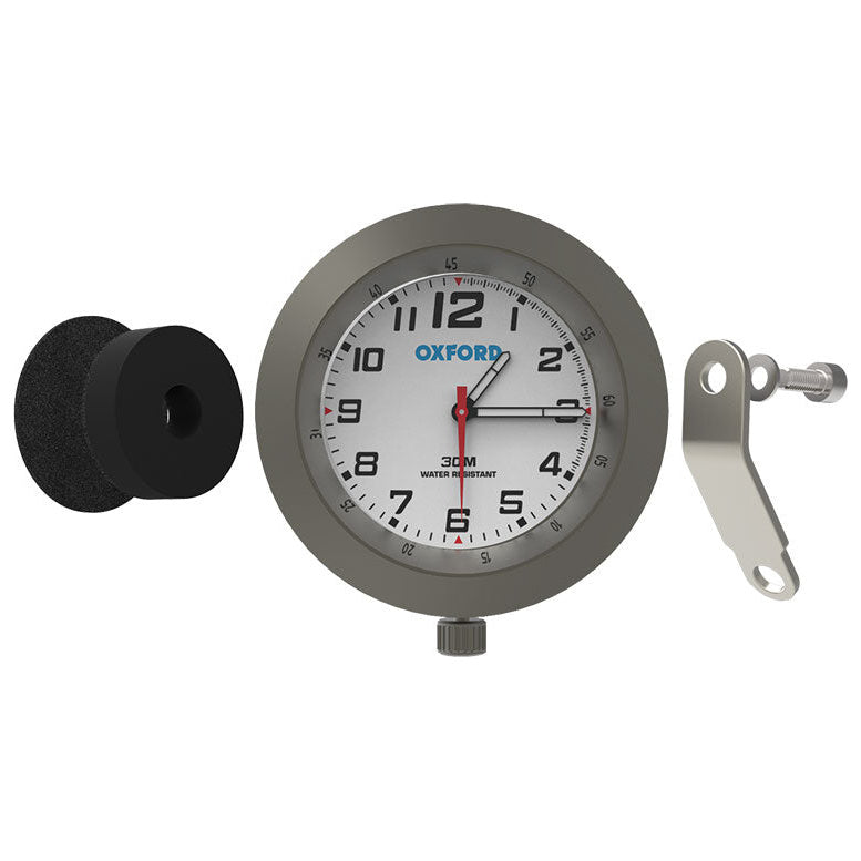 Oxford Analog Clock Titanium Case & White Face - clock with mounting hardware