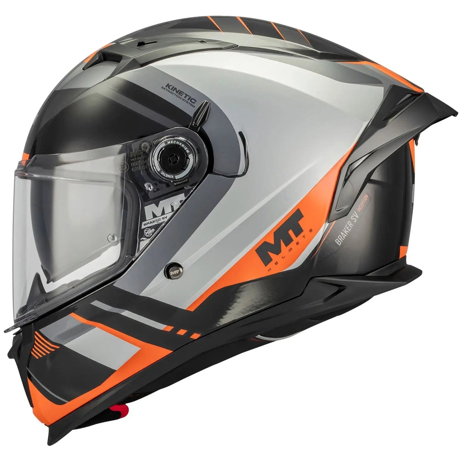 MT Helmets Braker SV Inception B4 Gloss Black / Grey / Orange motorcycle helmet, left-side view