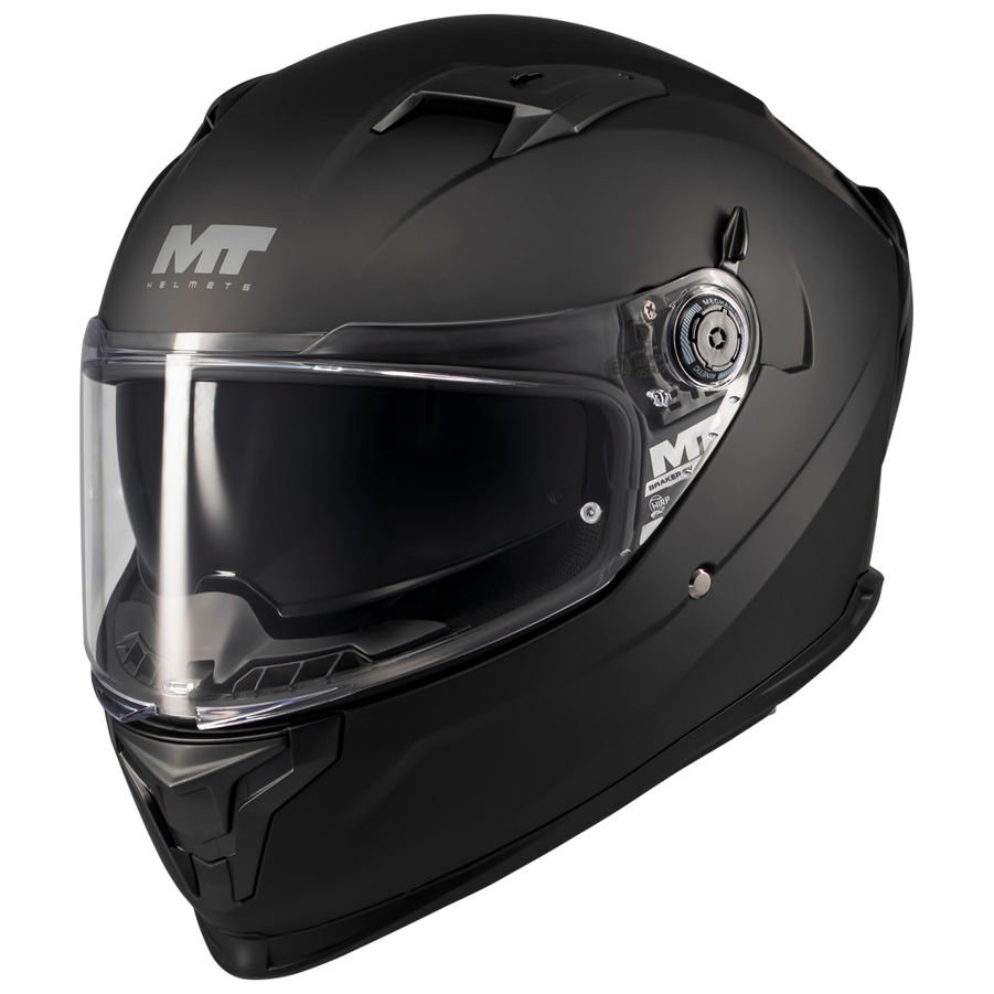 MT Helmets Braker SV Pure A1 Matt Black motorcycle helmet, front three-quarter view