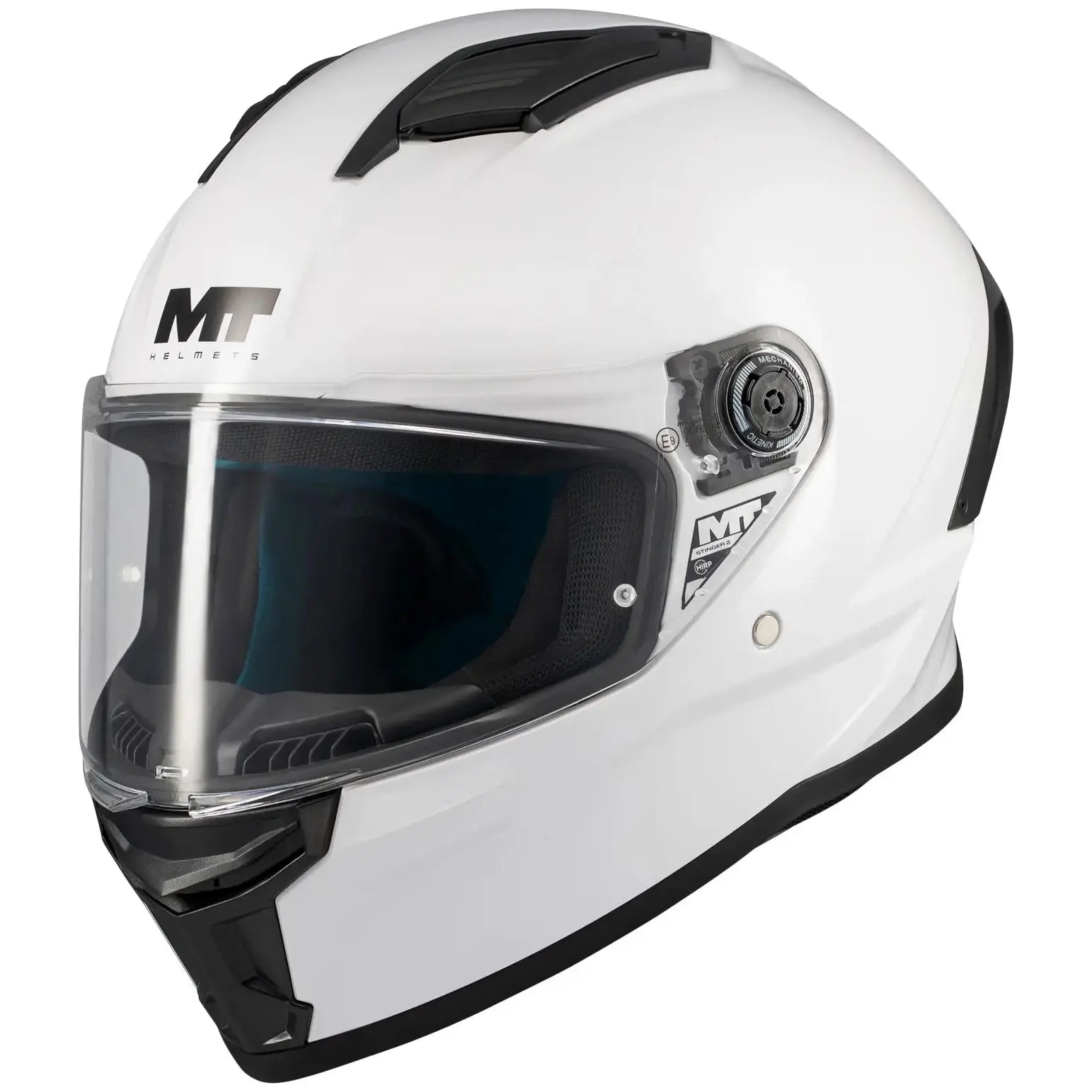 MT Helmets Stinger 2 Pure A0 Gloss White motorcycle helmet, front three-quarter view