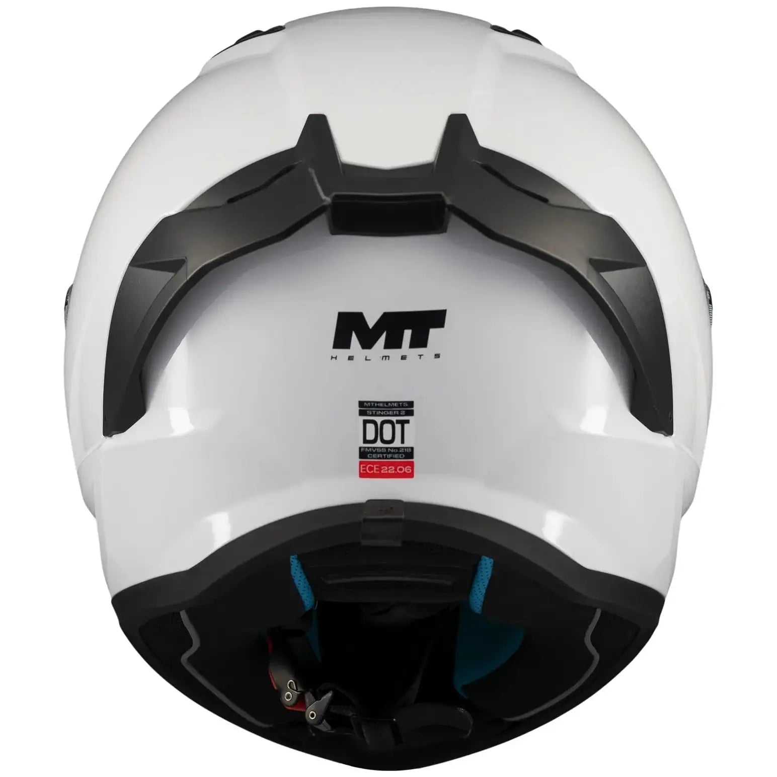 MT Helmets Stinger 2 Pure A0 Gloss White motorcycle helmet, rear view