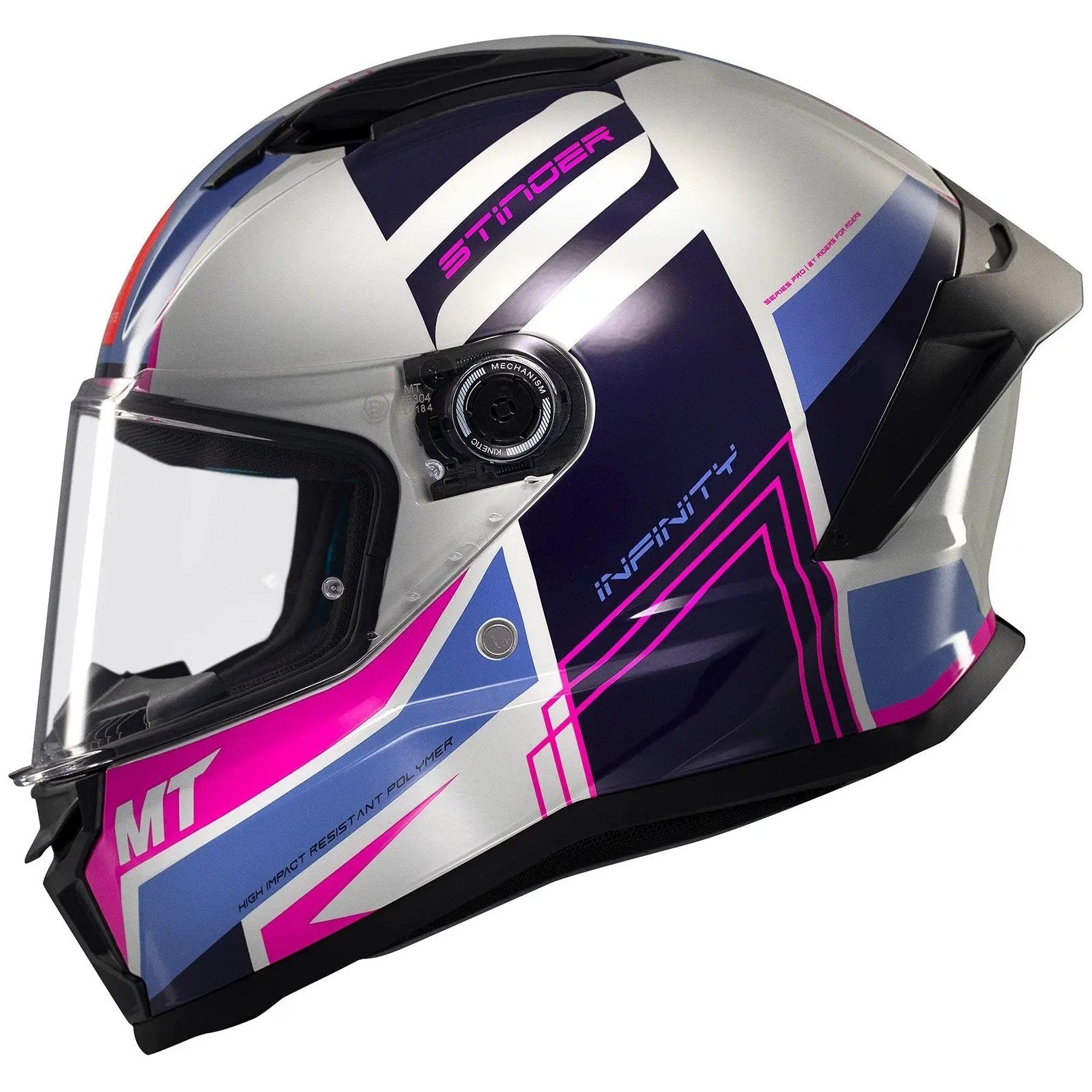 MT Helmets Stinger 2 Tron C8 Gloss Pink / Purple full-face motorcycle helmet, front-right three-quarter view