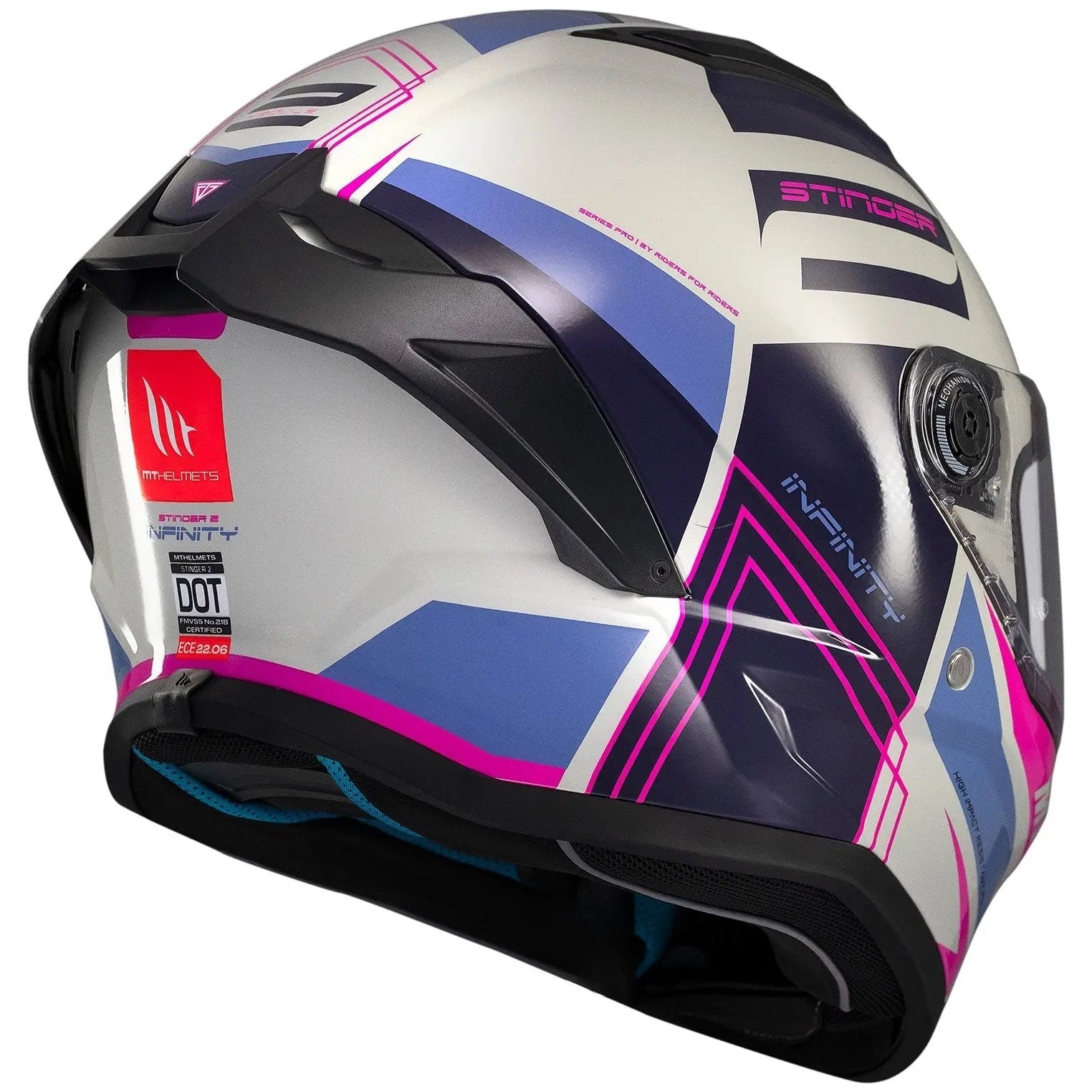 MT Helmets Stinger 2 Tron C8 Gloss Pink / Purple full-face motorcycle helmet, rear-left three-quarter view