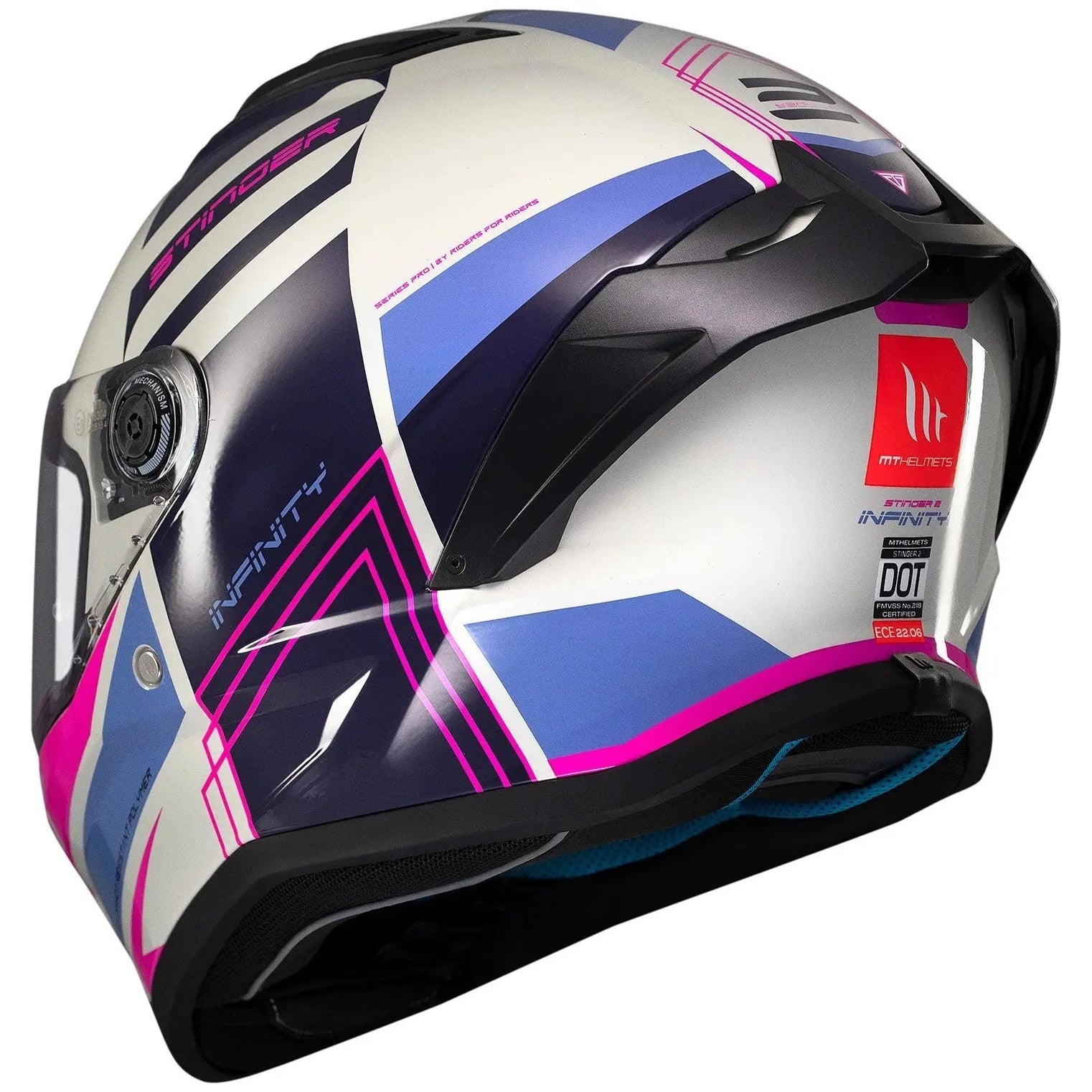 MT Helmets Stinger 2 Tron C8 Gloss Pink / Purple full-face motorcycle helmet, rear-right three-quarter view