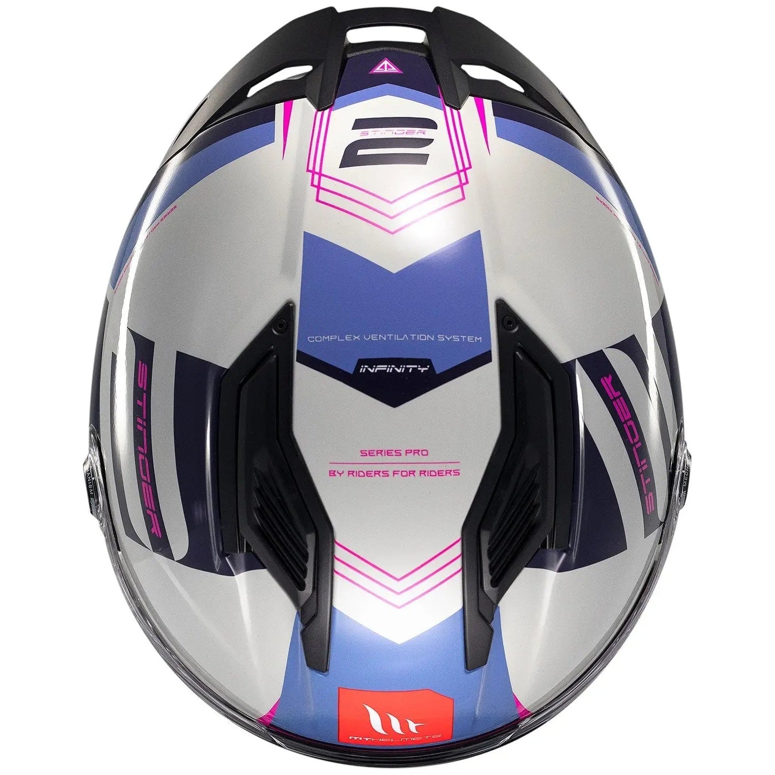 MT Helmets Stinger 2 Tron C8 Gloss Pink / Purple full-face motorcycle helmet, top view