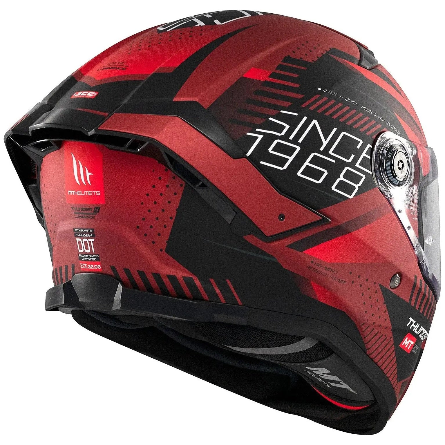 MT Helmets Thunder 4 SV Lumin D5 Matt Red full-face motorcycle helmet, rear-left three-quarter view