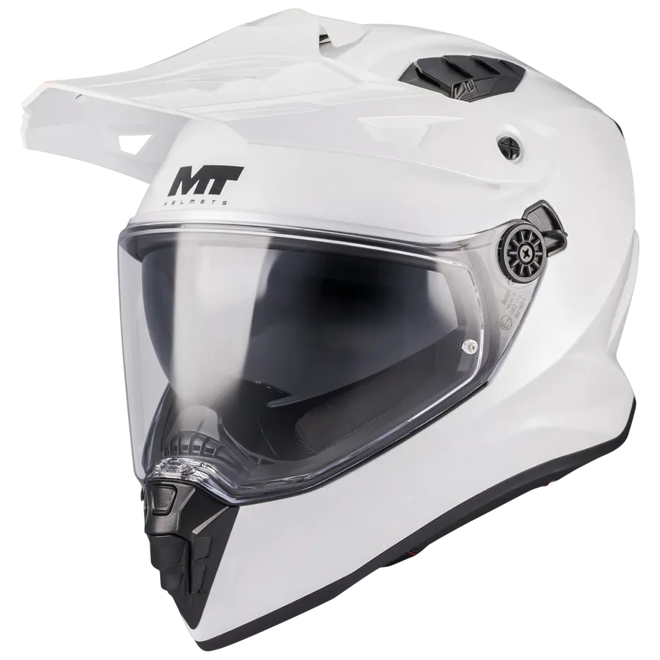 MT Helmets Track SV Pure A0 Gloss White motorcycle helmet, front three-quarter view