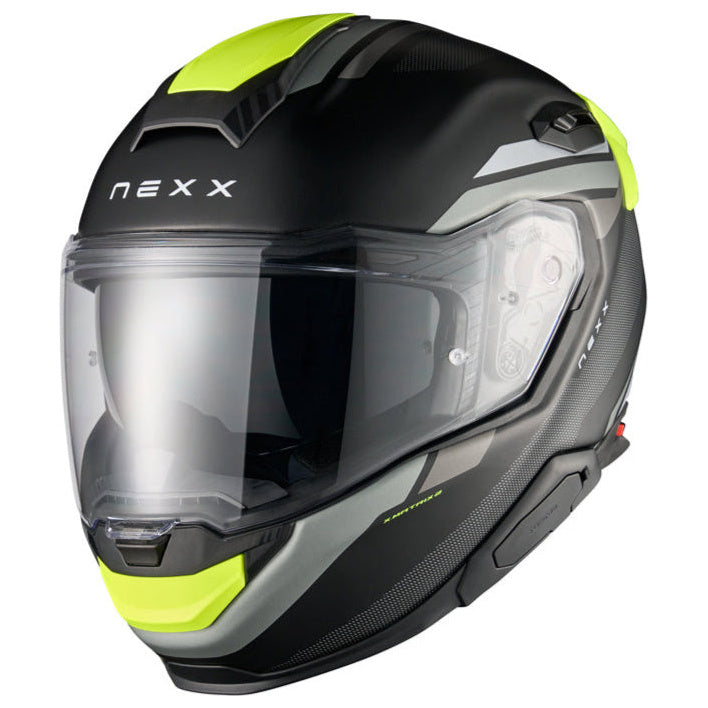 Nexx X.TR Quanta Black / Matt Neon motorcycle helmet, front three-quarter view