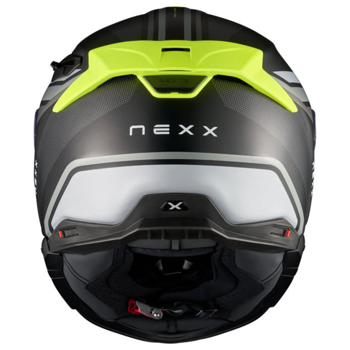 Nexx X.TR Quanta Black / Matt Neon motorcycle helmet, rear view