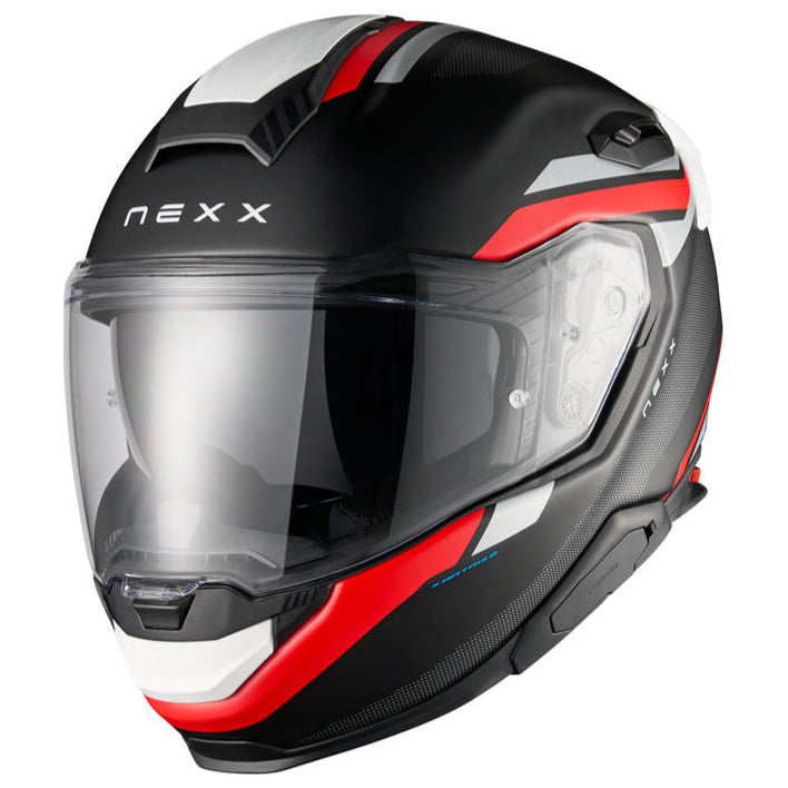 Nexx X.TR Quanta Black / Matt Red motorcycle helmet, front three-quarter view