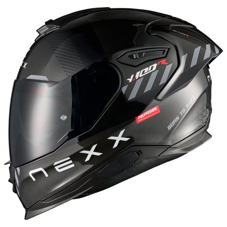 Nexx Y.100R Fade Black / Red motorcycle helmet, front three-quarter view