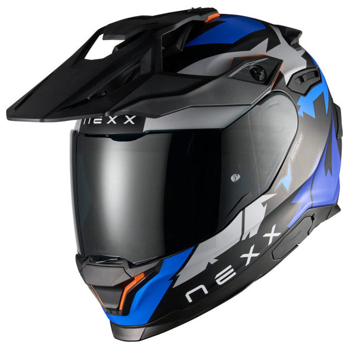 Nexx Y.TRAVL Primal Blue / Matt Neon motorcycle helmet, front three-quarter view