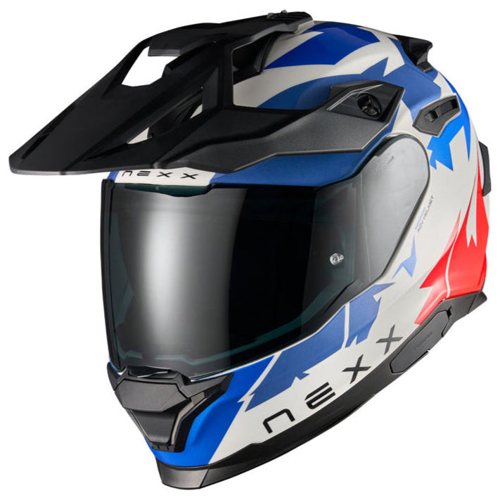 Nexx Y.TRAVL Primal Blue / Red motorcycle helmet, front three-quarter view