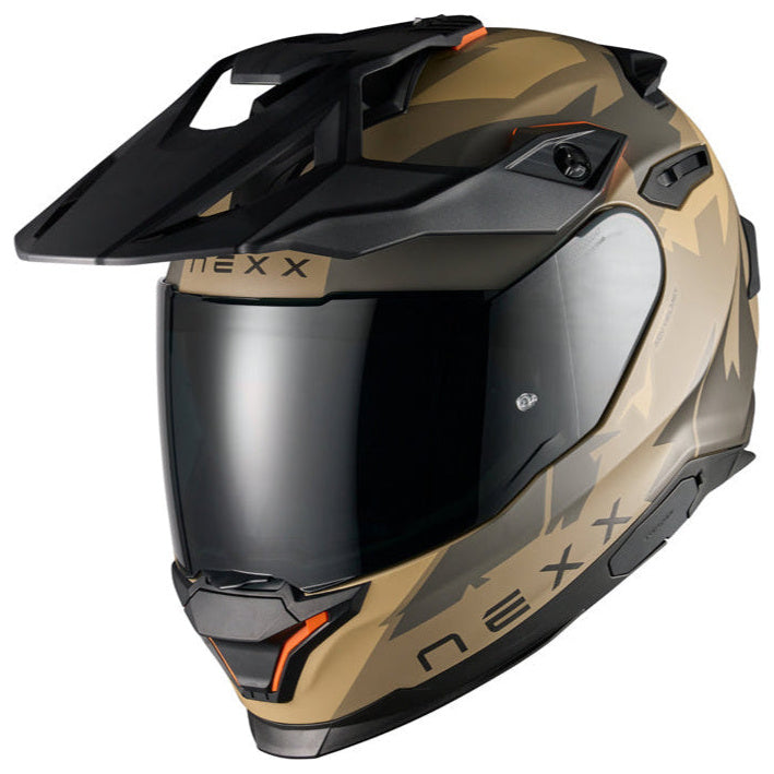 Nexx Y.TRAVL Primal Sand / Matt Grey motorcycle helmet, front three-quarter view