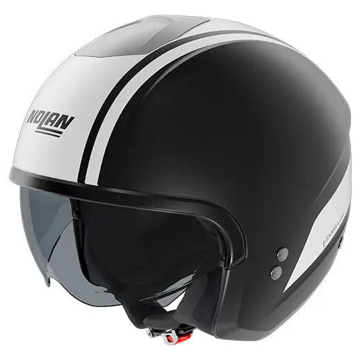 Nolan N20-2 Dolce Vita Black / White open-face motorcycle helmet, front-left three-quarter view
