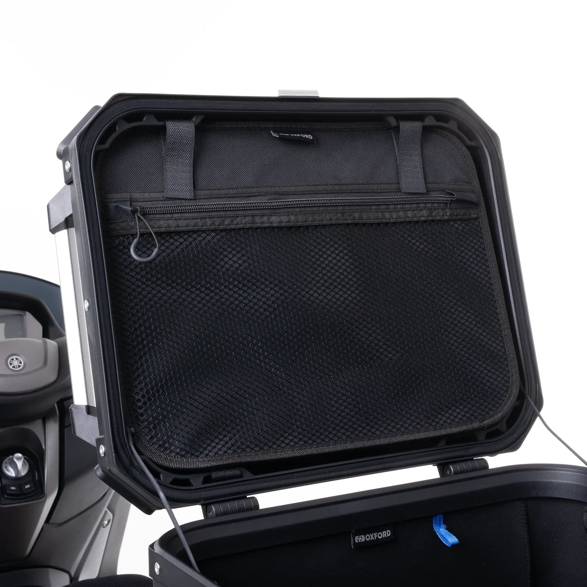 Oxford Roamer Top Box Black - open lid and internal mesh pocket view