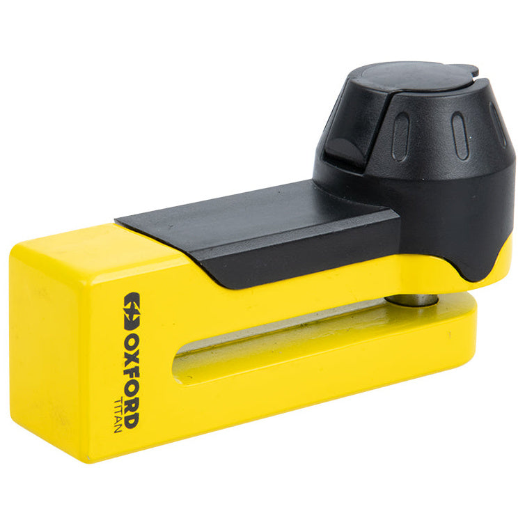 Oxford Titan Disc Lock Yellow / Black With 10mm Pin Including Pouch – front three-quarter view