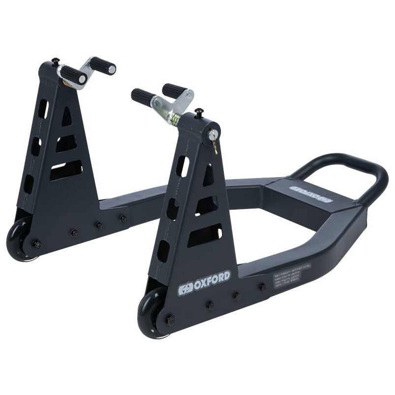 Oxford Zero-G Lite Front Paddock Stand Black – front paddock stand three-quarter view