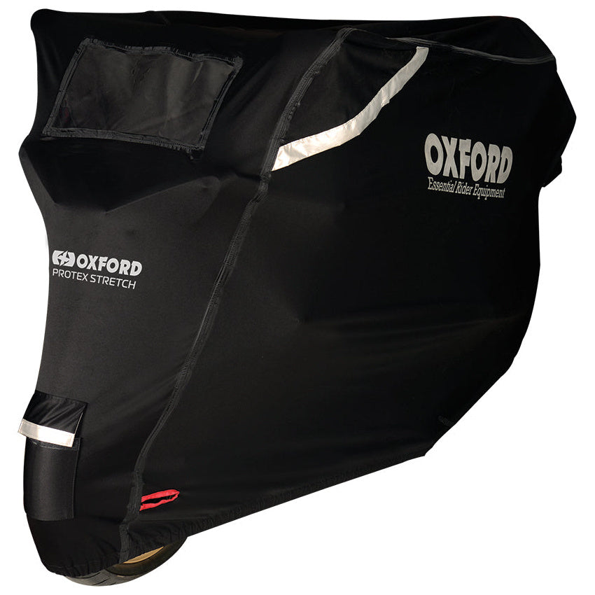 Oxford Protex Stretch Outdoor Premium Stretch-Fit Cover Black outdoor stretch-fit motorcycle cover product view on a white background