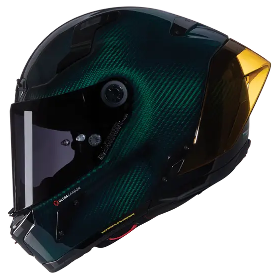 Nolan X-804 RS Liquido Green Carbon / Gold full-face racing motorcycle helmet, left three-quarter view