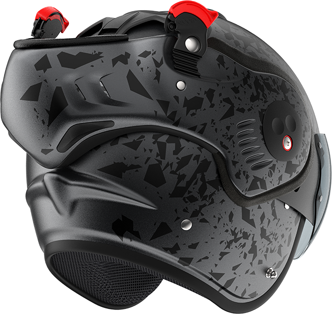 Roof RO5 Boxer Alpha Blackstar Matt Graphite rear-right three-quarter view in open-face configuration