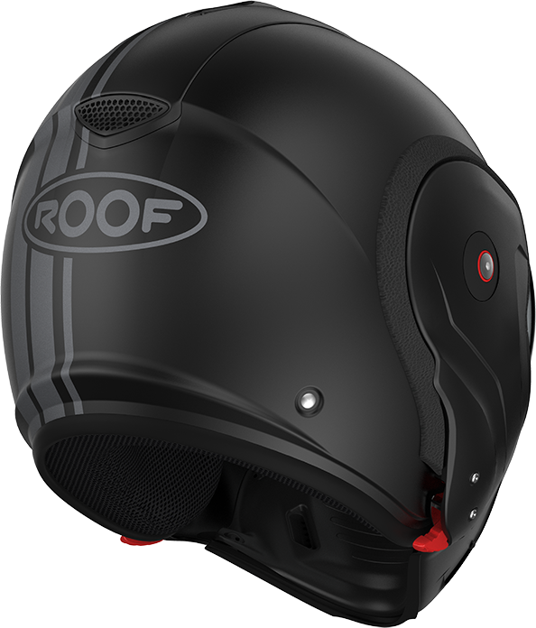 Roof RO9 Boxxer 2 Stripes Matt Black / Metal rear-right three-quarter view, full-face configuration